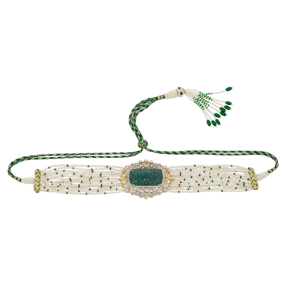 Carved Green Stone Polki Choker with Pearl Strands